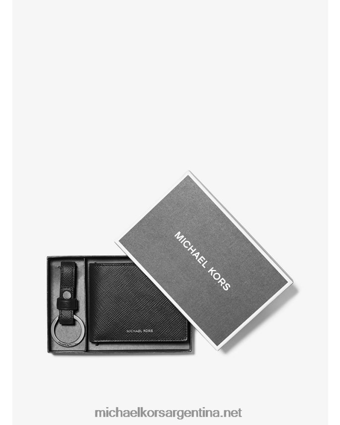 hombres negro cartera billetera de piel de grano cruzado con llavero Michael Kors T46HB03201