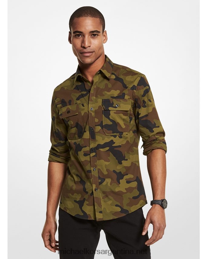 hombres aceituna ahumada camisa slim fit de algodón stretch Michael Kors T46HB03133