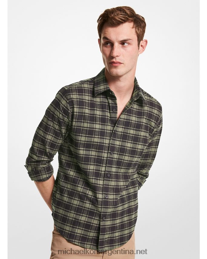 hombres aceituna camisa slim fit de franela de algodón a cuadros Michael Kors T46HB03124