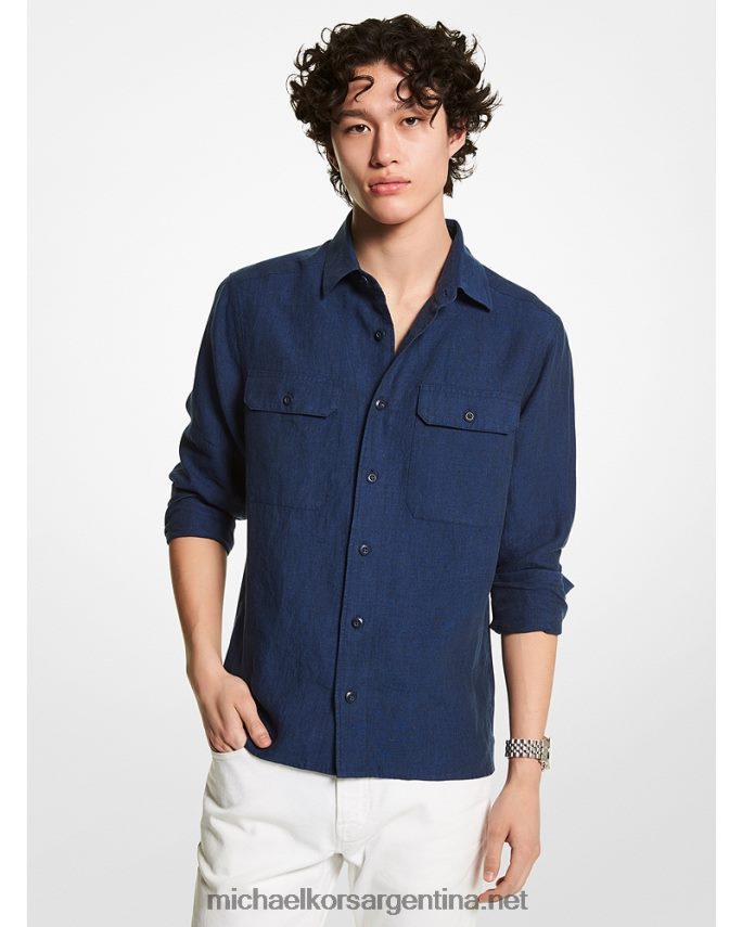 hombres drk medianoche camisa slim de lino Michael Kors T46HB03127