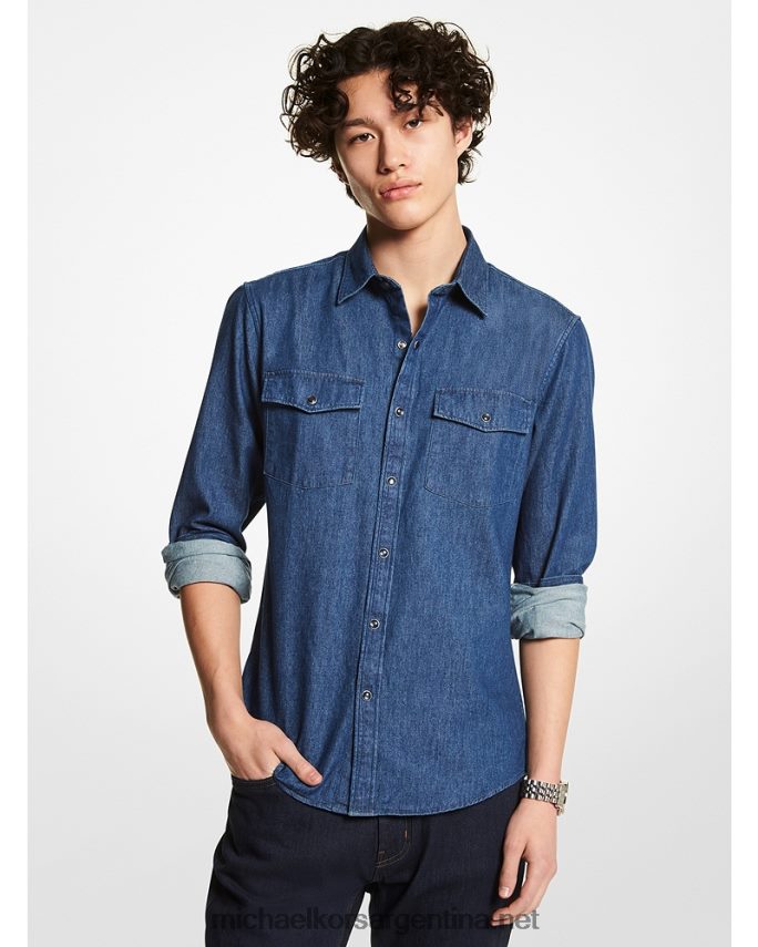 hombres tripulación azul camisa slim de mezclilla elástica Michael Kors T46HB03136