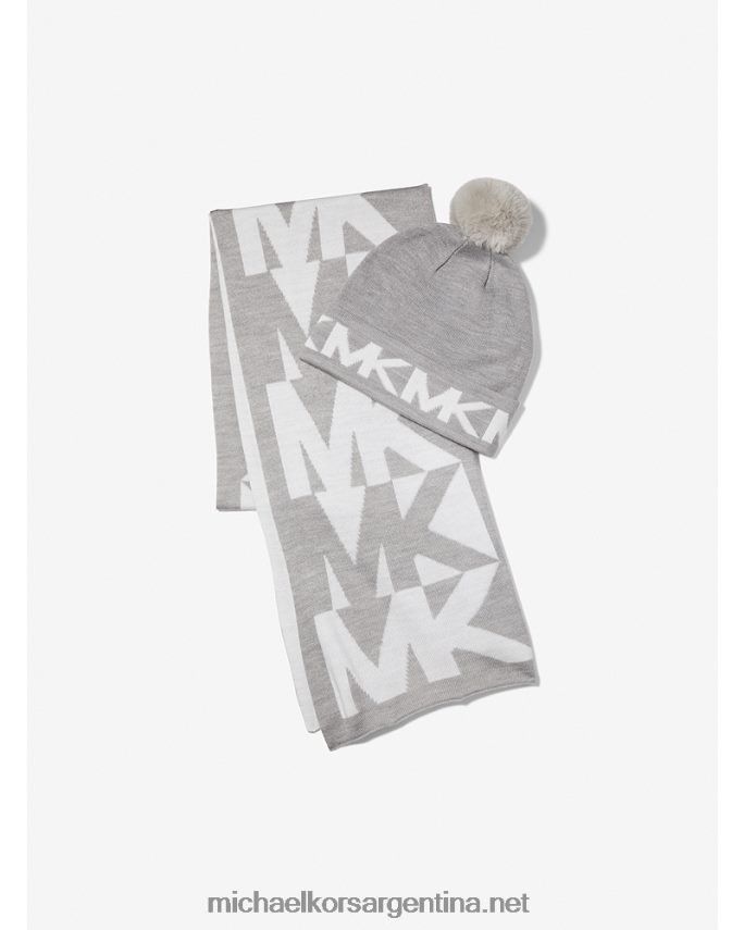 mujer Perla gris conjunto de bufanda y gorro tejido en intarsia con logo Michael Kors T46HB02733