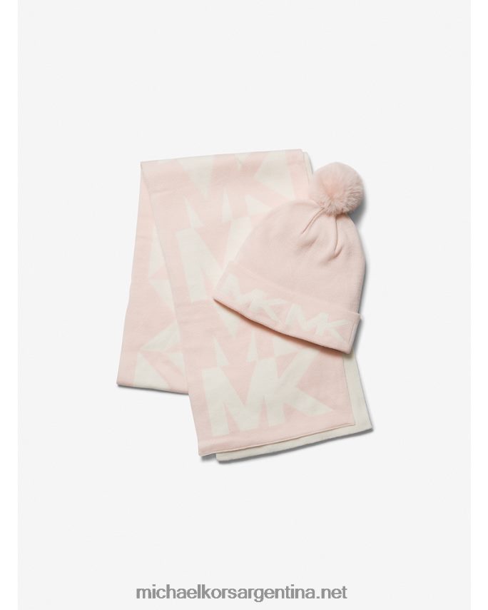 mujer Rosa suave conjunto de bufanda y gorro tejido en intarsia con logo Michael Kors T46HB02732