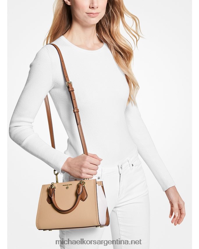 mujer combinación de camellos bandolera marilyn pequeña de piel saffiano con bloques de color Michael Kors T46HB0648