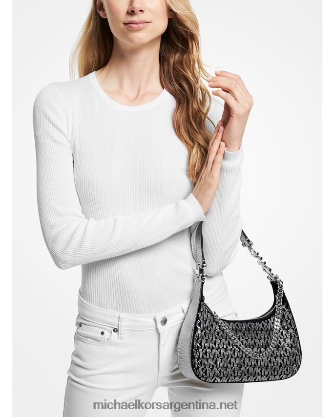 mujer negro/plata bolso de hombro piper pequeño con logo de cristal Michael Kors T46HB01362
