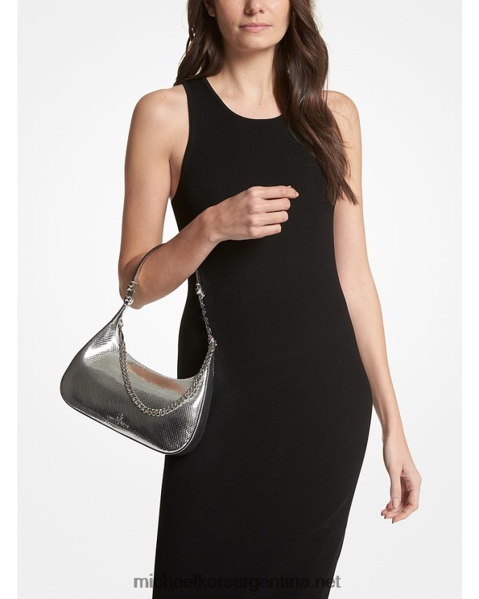 mujer plata bolso de hombro piper pequeño de piel metalizada con grabado de serpiente Michael Kors T46HB01315