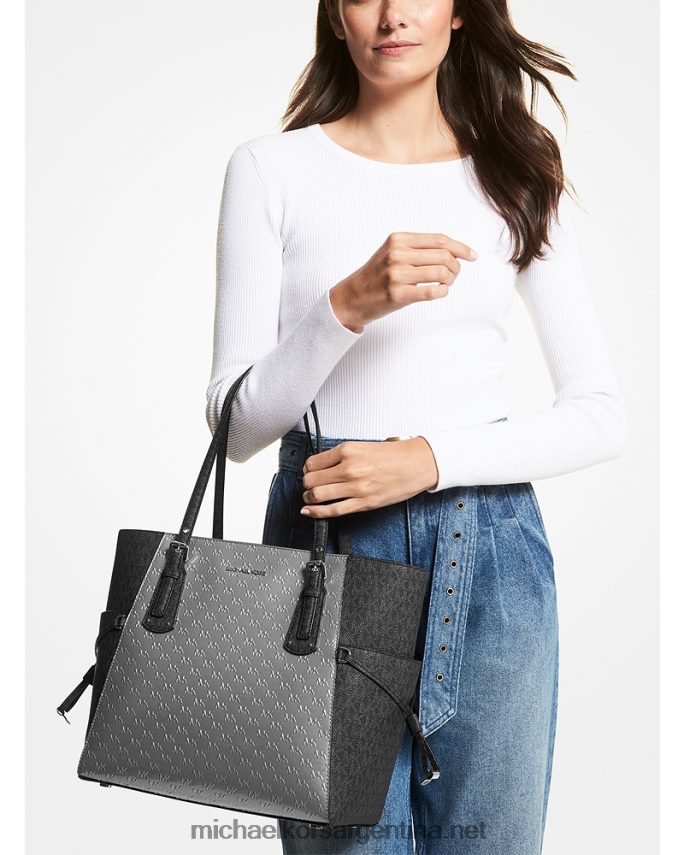 mujer cuero gris bolso shopper voyager pequeño de charol grabado y logo Michael Kors T46HB01153