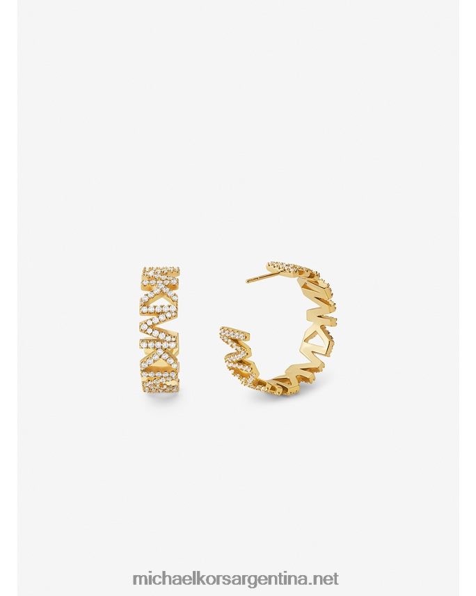 mujer oro Aretes de aro grandes con logo pavé de latón con baño de oro de 14k Michael Kors T46HB02526