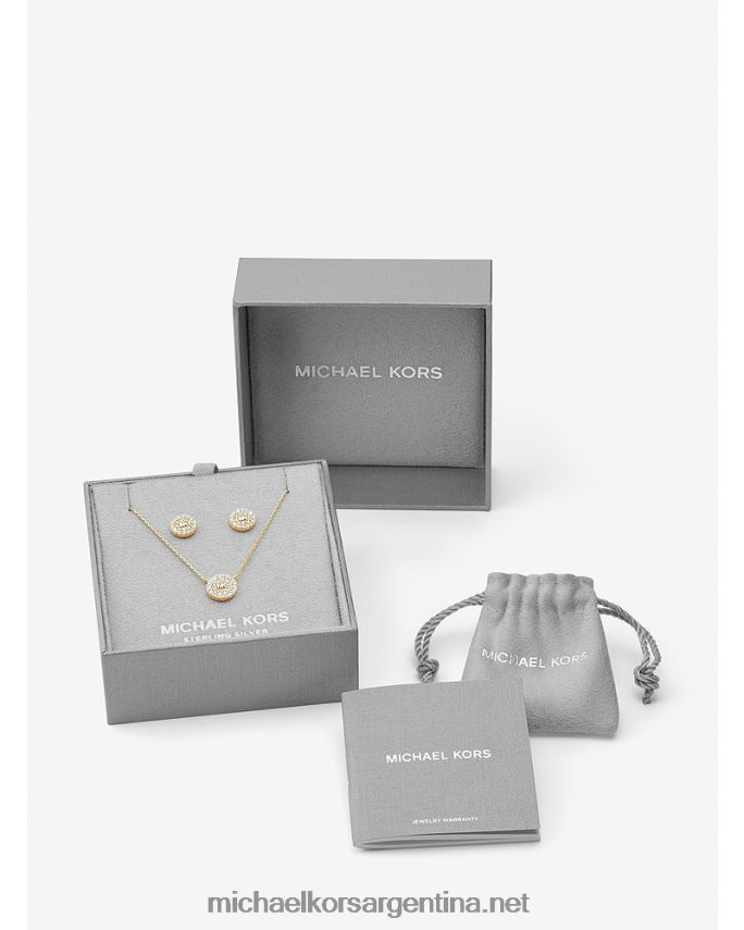 mujer oro Juego de collar y aretes de disco con logo en pavé de plata de ley con baño de oro de 14k Michael Kors T46HB02492