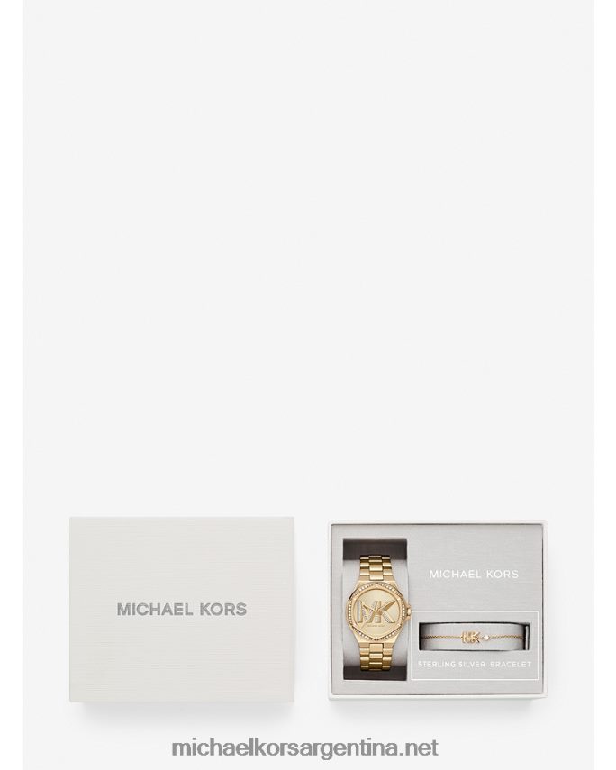 mujer oro conjunto de reloj y pulsera con el logotipo pave de lennox Michael Kors T46HB02464