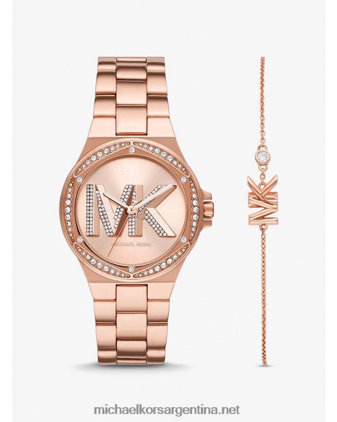 mujer oro rosa conjunto de reloj y pulsera con el logotipo pave de lennox Michael Kors T46HB02463
