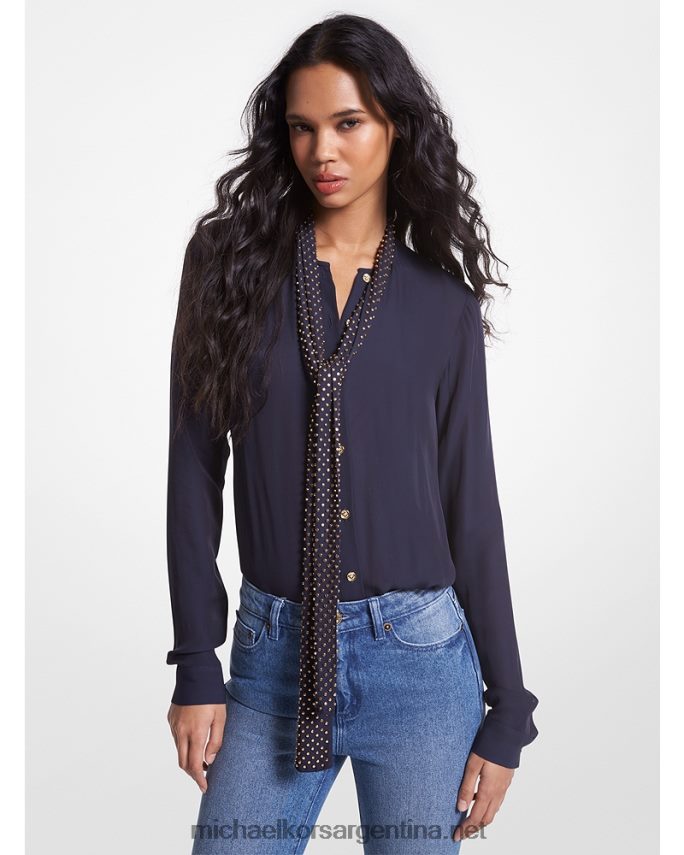 mujer azul medianoche blusa astor georgette con lazo en el cuello Michael Kors T46HB0370