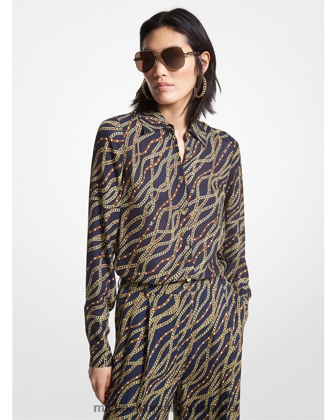 mujer azul medianoche blusa de georgette con estampado de estado Michael Kors T46HB0369