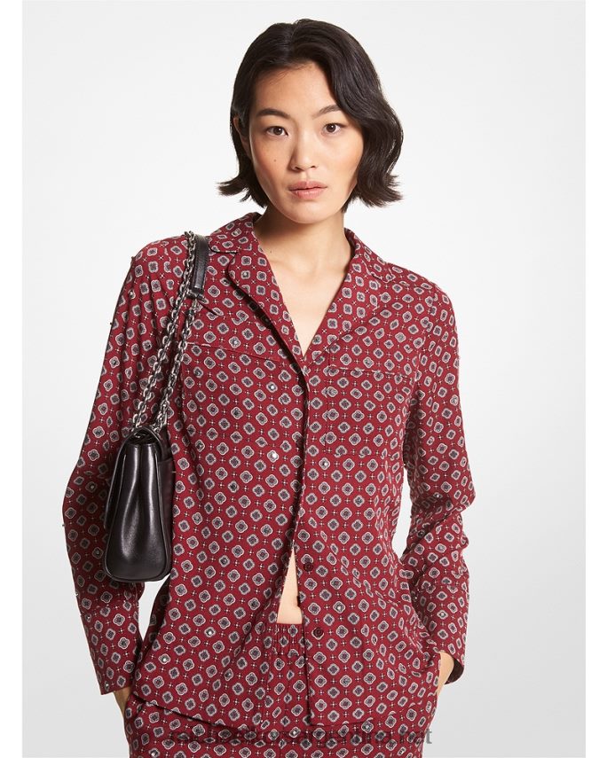 mujer merlot camisa de pijama de crepé aplastado con medallón de tachuelas Michael Kors T46HB0456