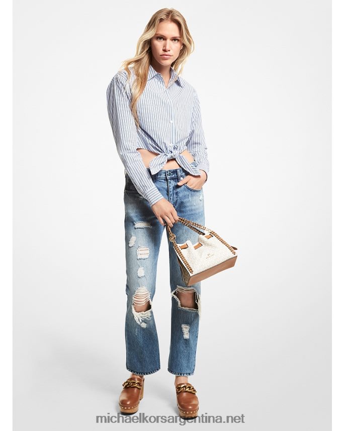 mujer tripulación azul camisa corta a rayas de algodón orgánico elástico con lazo en la parte delantera Michael Kors T46HB0458
