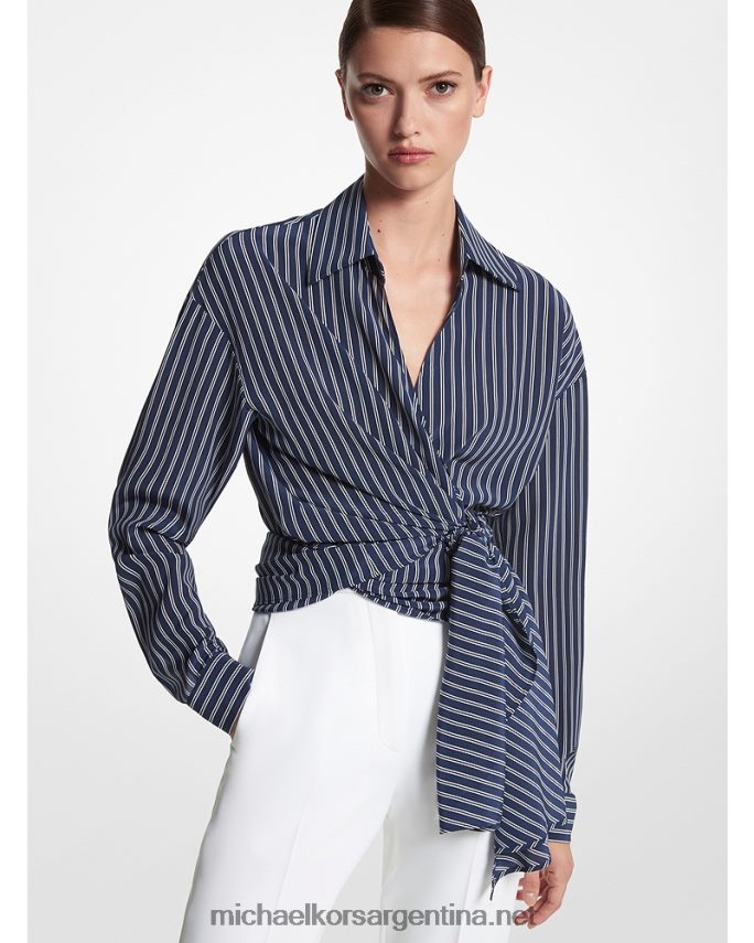 unisexo azul marino/blanco op blusa cruzada de crepé de China de seda orgánica a rayas de la colección Michael Kors T46HB03564