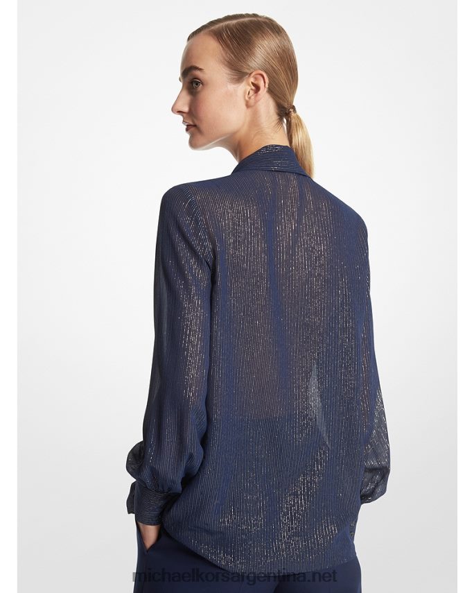 unisexo azul marino/oro blusa de rayas en mezcla de seda con lazo en el cuello Michael Kors T46HB03556