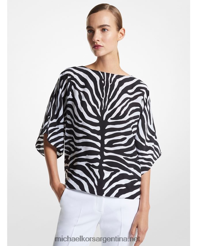 unisexo negro/blanco óptico blusa de crepe de china de seda con cebra de la colección nikki Michael Kors T46HB03583