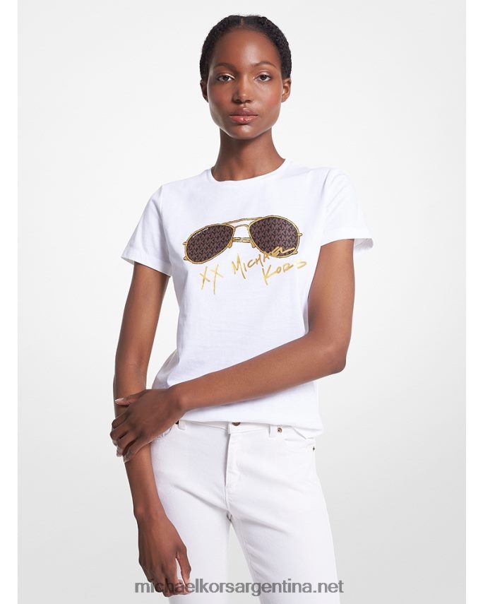 mujer blanco playera con estampado de aviador y logo Michael Kors T46HB0388