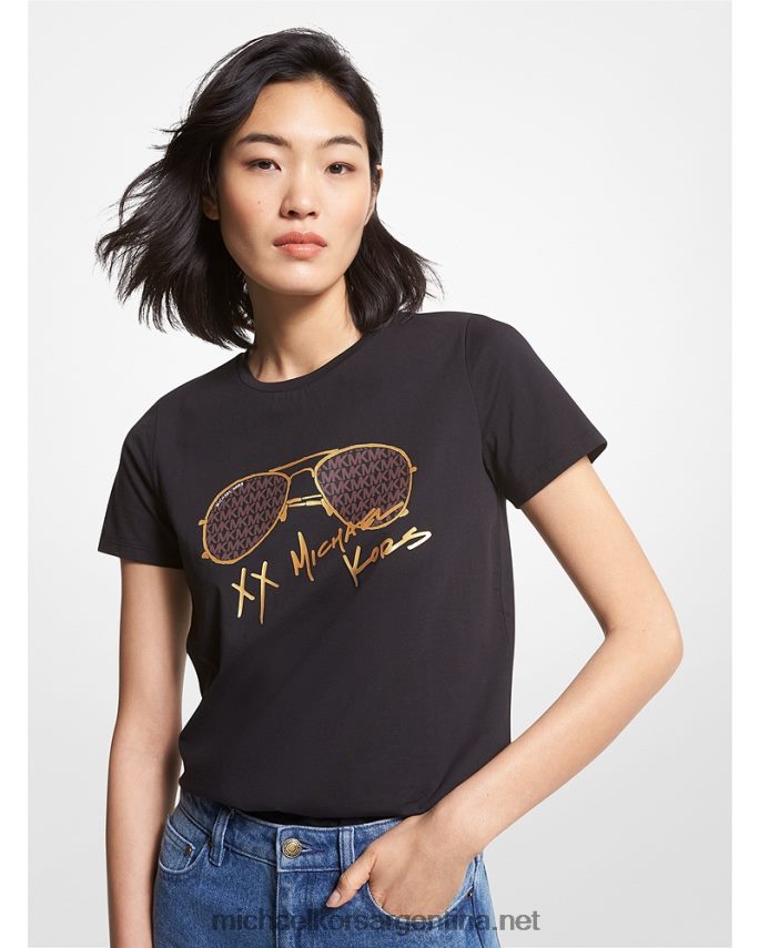 mujer negro playera con estampado de aviador y logo Michael Kors T46HB0391