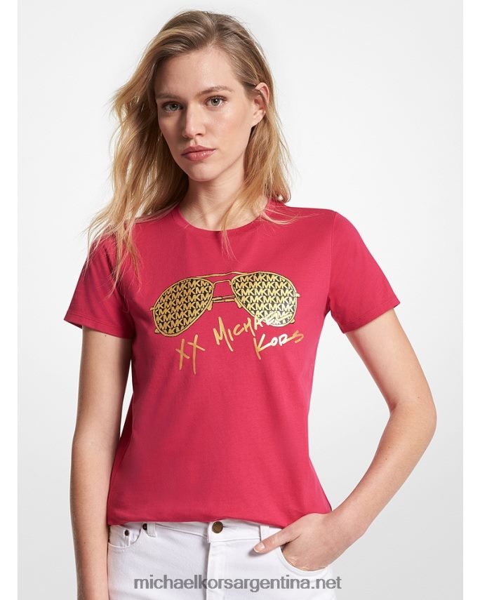 mujer rosa carmín playera de algodón orgánico con estampado de aviador y logo metalizado Michael Kors T46HB0407