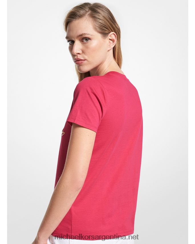 mujer rosa carmín playera de algodón orgánico con estampado de aviador y logo metalizado Michael Kors T46HB0407