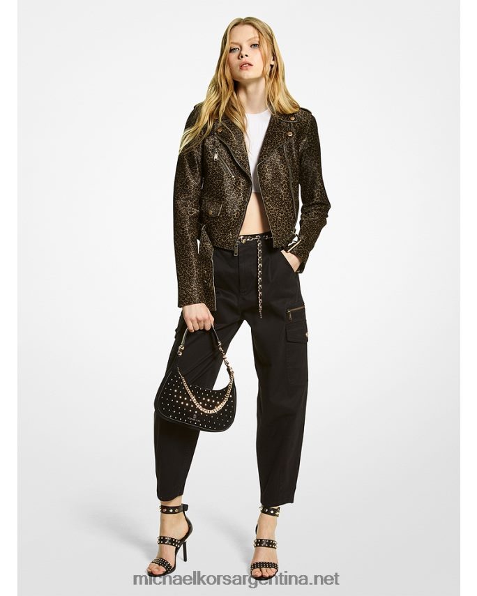 mujer aceituna chaqueta motera de pelo de becerro con estampado de leopardo Michael Kors T46HB0302
