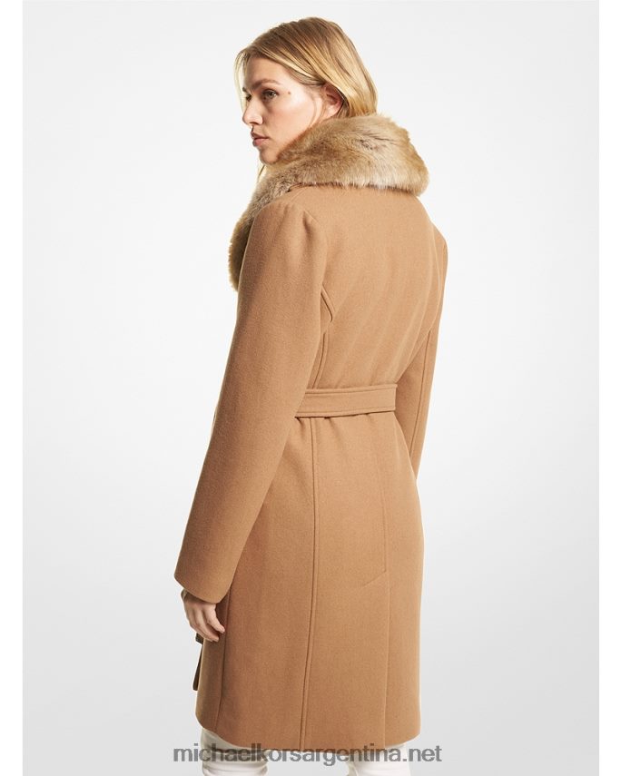 mujer camello oscuro abrigo de mezcla de lana con cuello de piel sintética Michael Kors T46HB0247