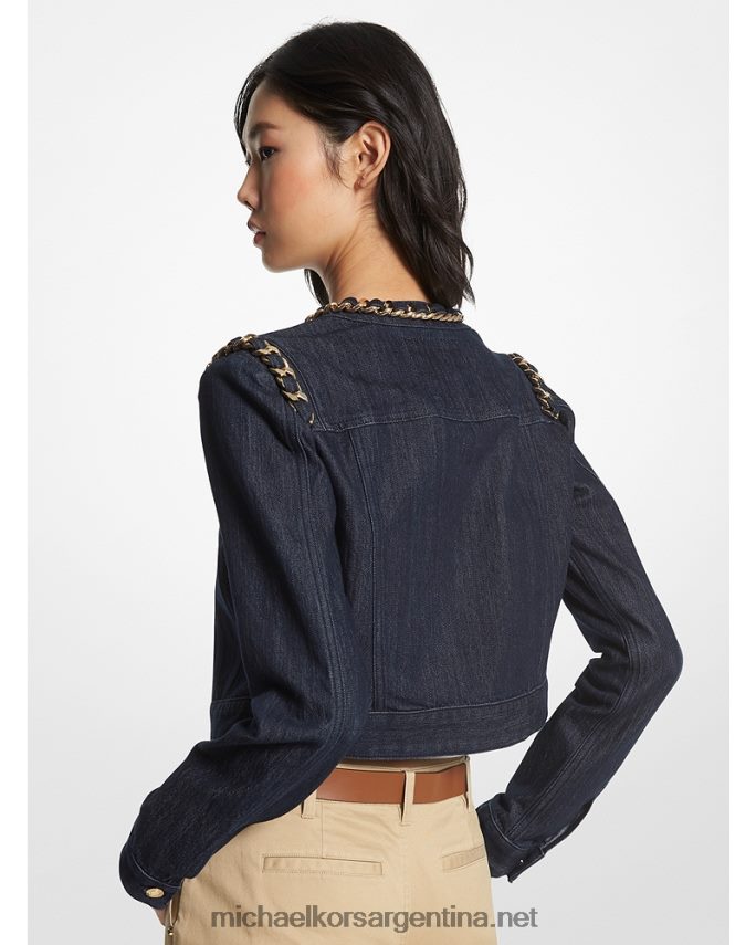 mujer enjuagar chamarra corta de mezclilla elástica con eslabones de cadena Michael Kors T46HB0195