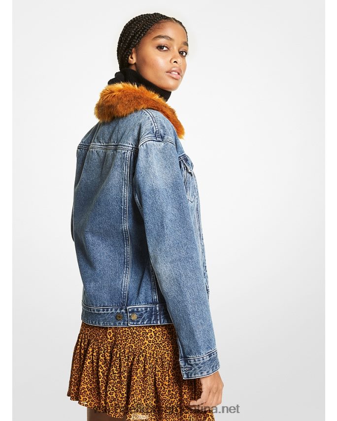 mujer lavado azul anochecer chamarra de mezclilla con ribete de piel sintética Michael Kors T46HB0279
