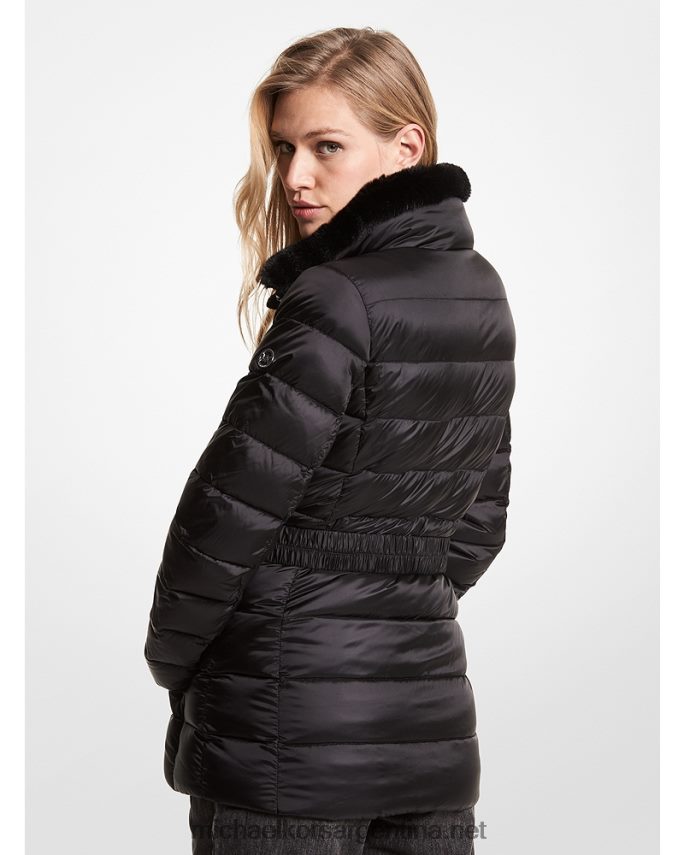 mujer negro abrigo acolchado con cinturón de nailon acolchado con ribete de piel sintética Michael Kors T46HB0345