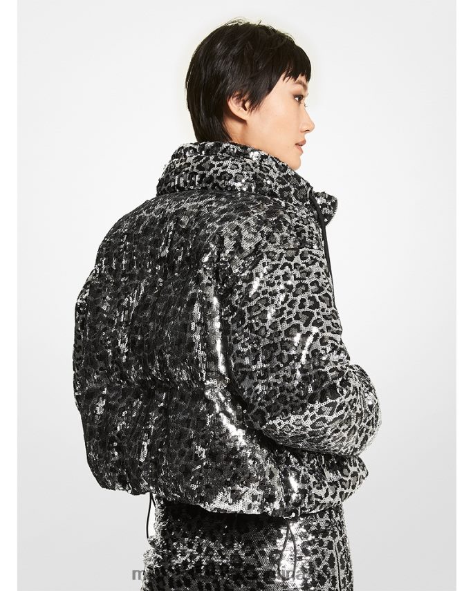 mujer negro chamarra capitonada con estampado de leopardo y lentejuelas Michael Kors T46HB0309