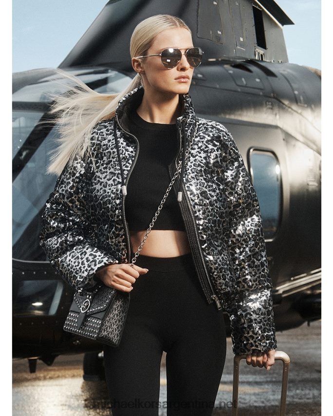 mujer negro chamarra capitonada con estampado de leopardo y lentejuelas Michael Kors T46HB0309