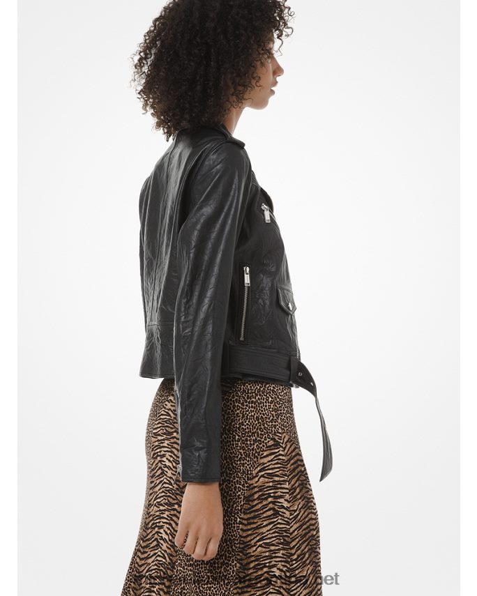 mujer negro chamarra motera de cuero arrugado Michael Kors T46HB0234