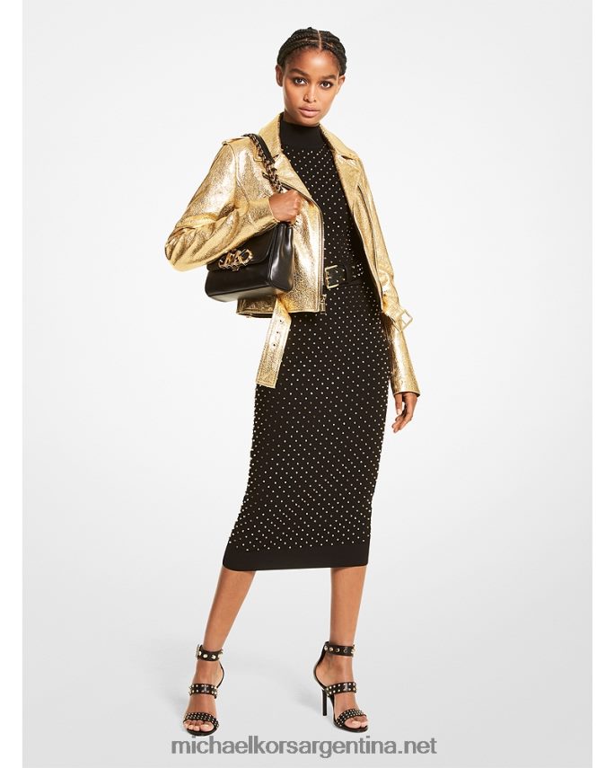 mujer oro chamarra motera de piel craquelada metalizada Michael Kors T46HB0311