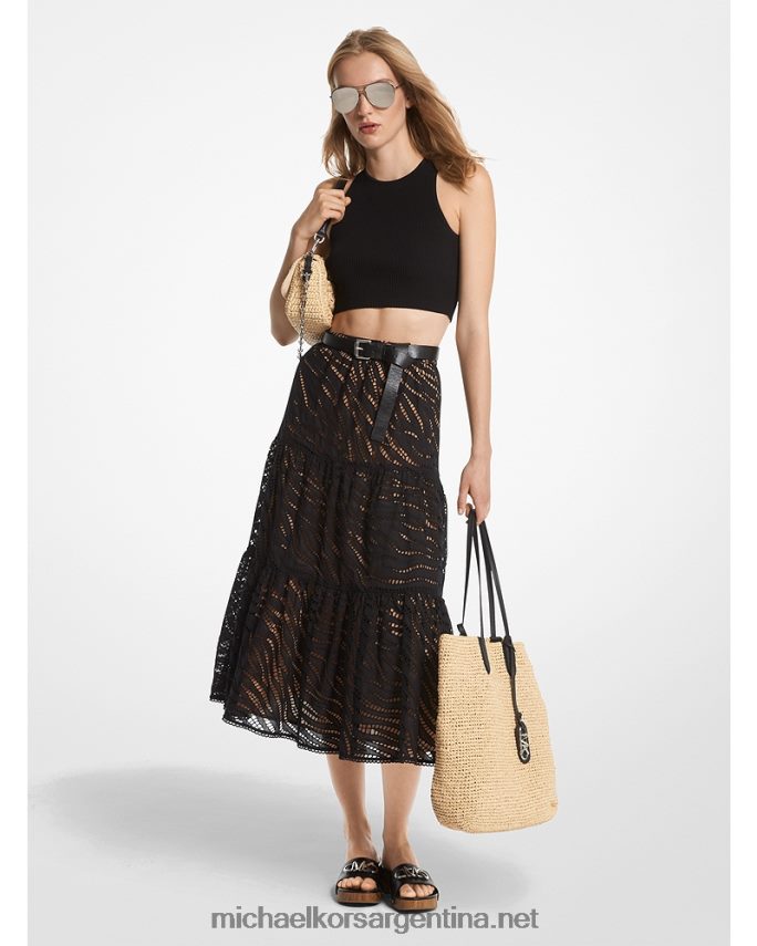 mujer negro falda midi a capas con ojales de cebra Michael Kors T46HB0591