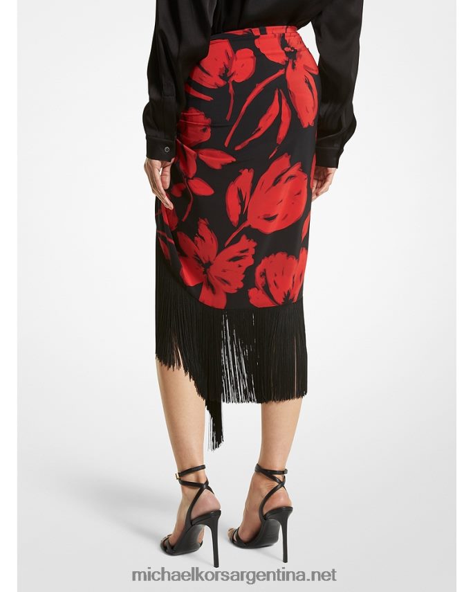 unisexo amapola/negro falda pareo de crepé de China con flecos de seda floral pinceladas de la colección Michael Kors T46HB03758