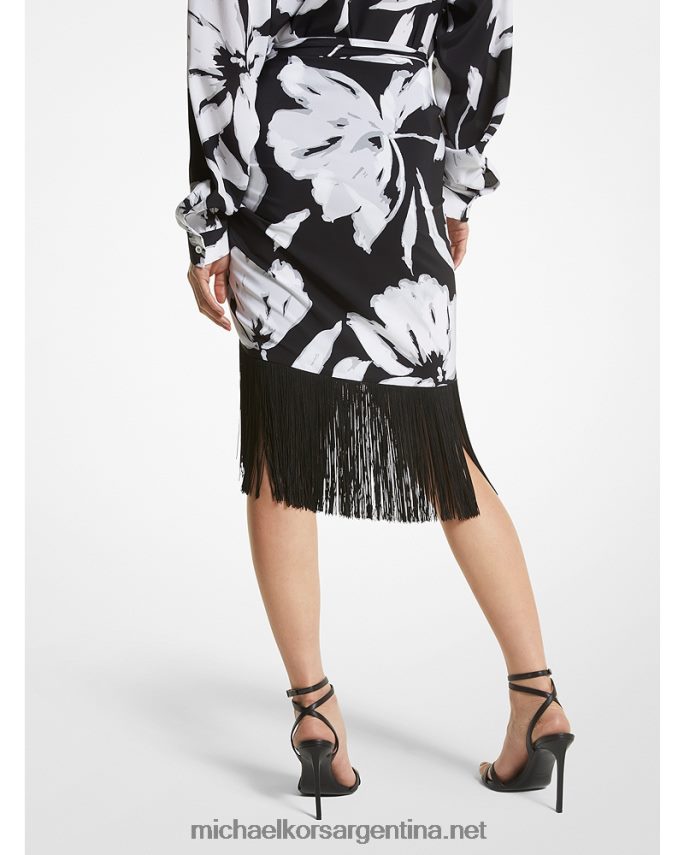 unisexo blanco negro falda pareo de crepé de China con flecos de seda floral pinceladas de la colección Michael Kors T46HB03415