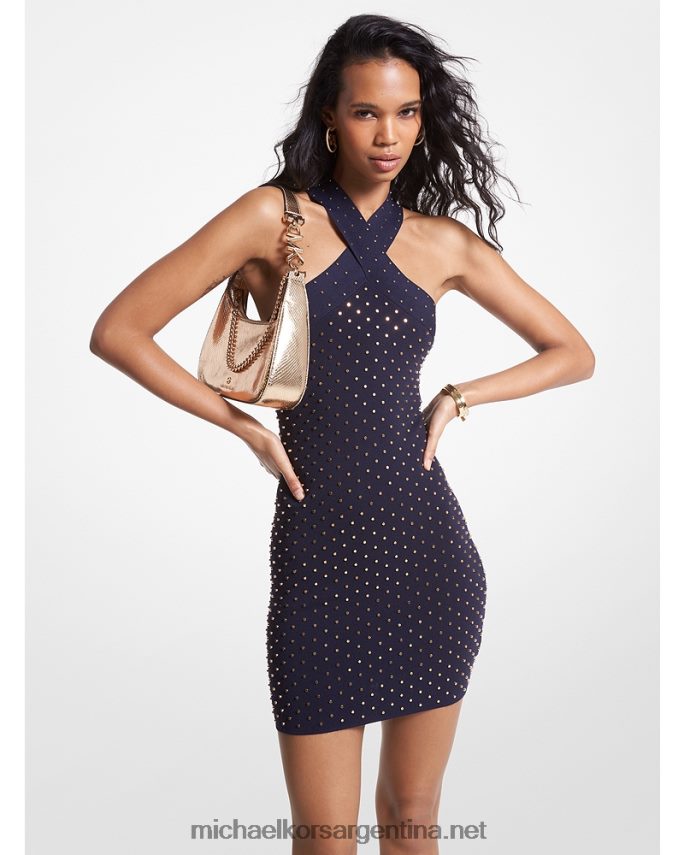 mujer azul medianoche/oro vestido halter de punto elástico con tachuelas Michael Kors T46HB018