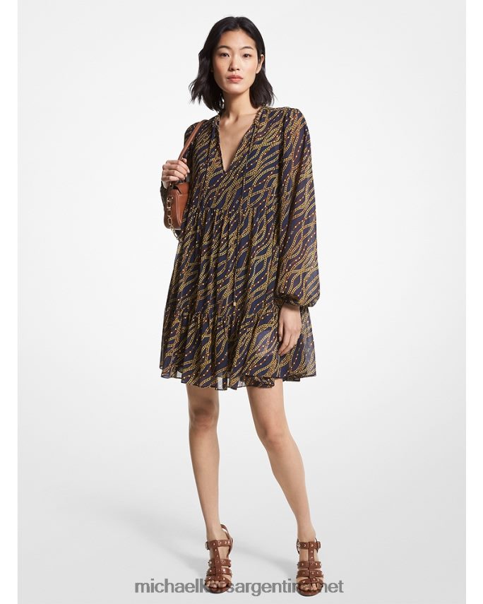 mujer azul medianoche vestido babydoll de georgette con estampado de estado Michael Kors T46HB044