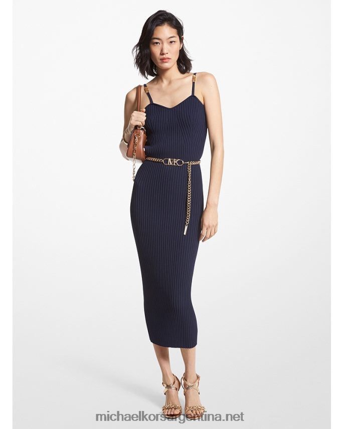 mujer azul medianoche vestido bustier de canalé de viscosa elástica con cinturón Michael Kors T46HB028