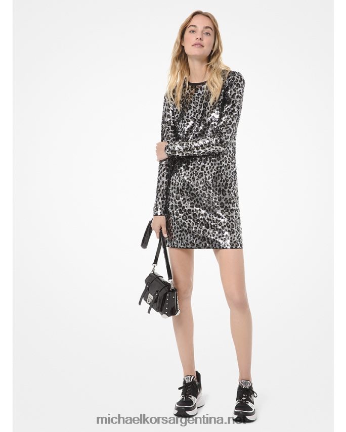 mujer bronce de cañón vestido de manga larga con lentejuelas de leopardo Michael Kors T46HB0173