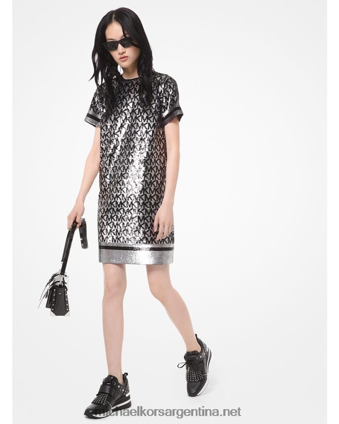 mujer bronce/negro vestido estilo camiseta de georgette con logo de lentejuelas Michael Kors T46HB0190