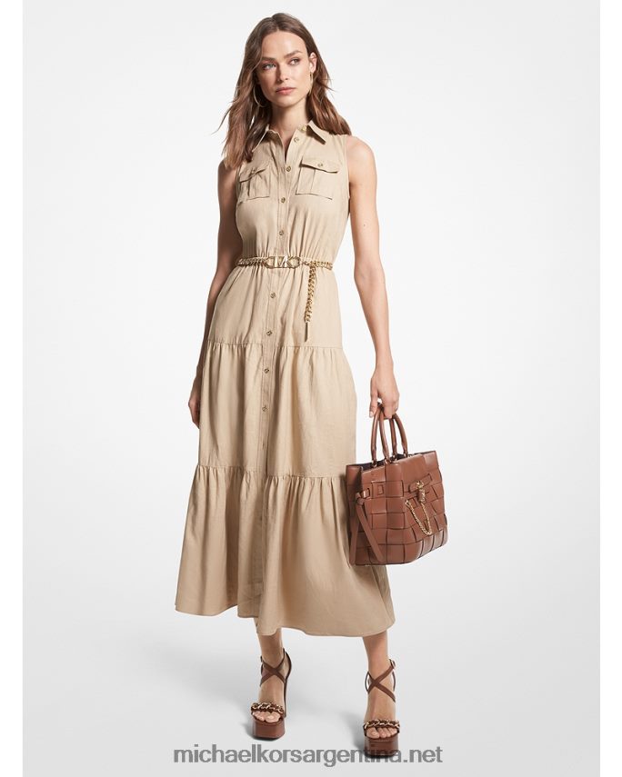 mujer caqui vestido camisero largo de mezcla de lino flameado Michael Kors T46HB038