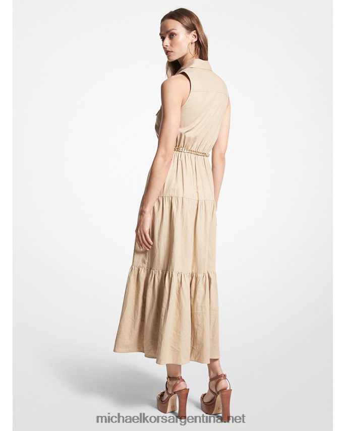 mujer caqui vestido camisero largo de mezcla de lino flameado Michael Kors T46HB038