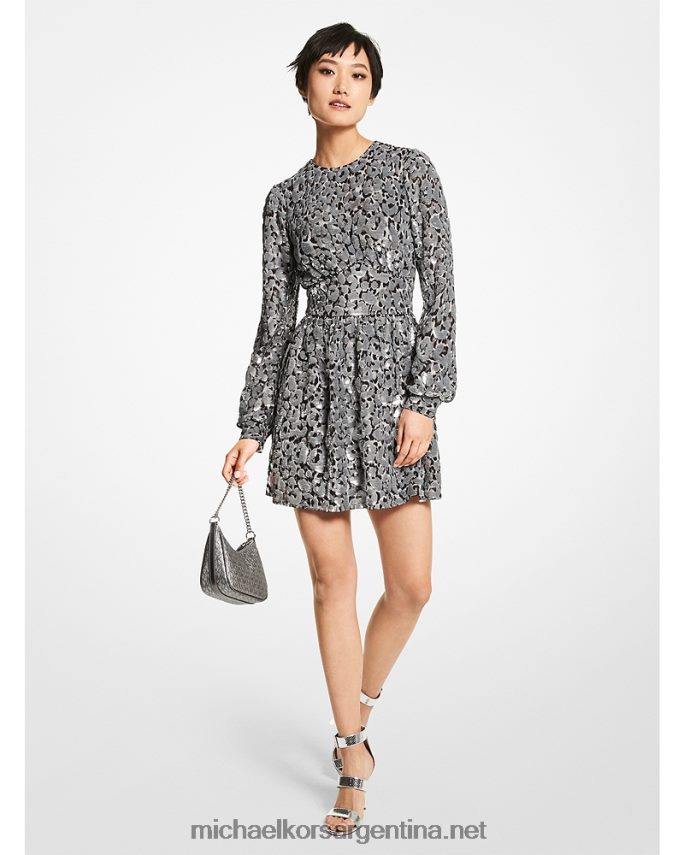 mujer gris malaquita vestido de georgette con estampado de leopardo y lentejuelas Michael Kors T46HB0110
