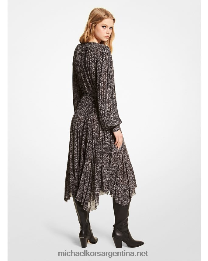 mujer gris malaquita vestido plisado de georgette con estampado de leopardo Michael Kors T46HB0114