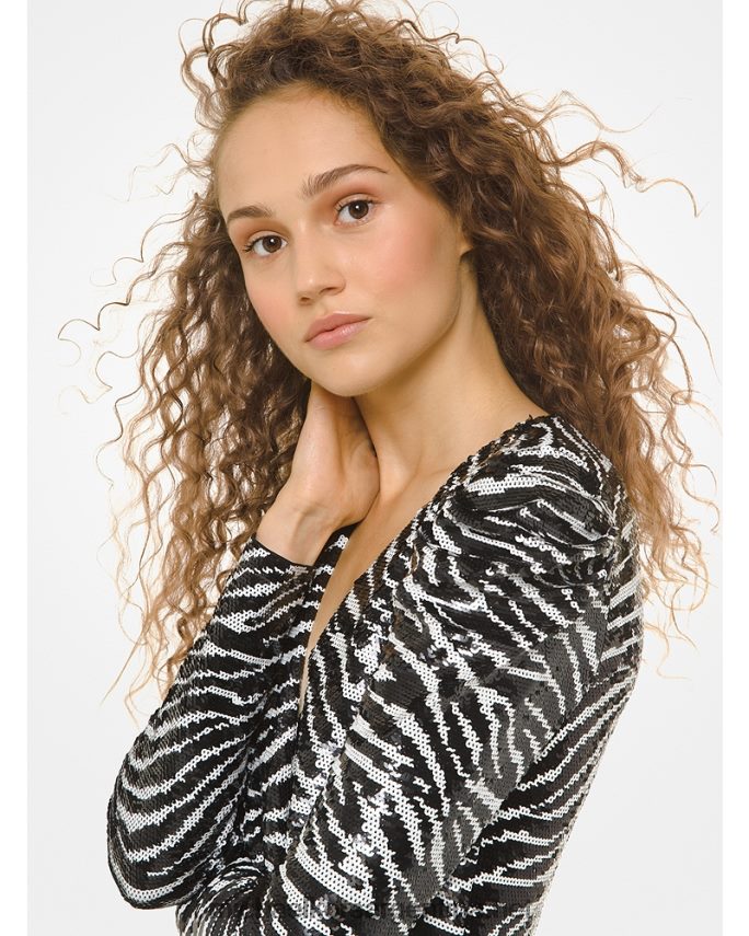 mujer negro/hueso vestido con volantes y lentejuelas de tigre Michael Kors T46HB0181