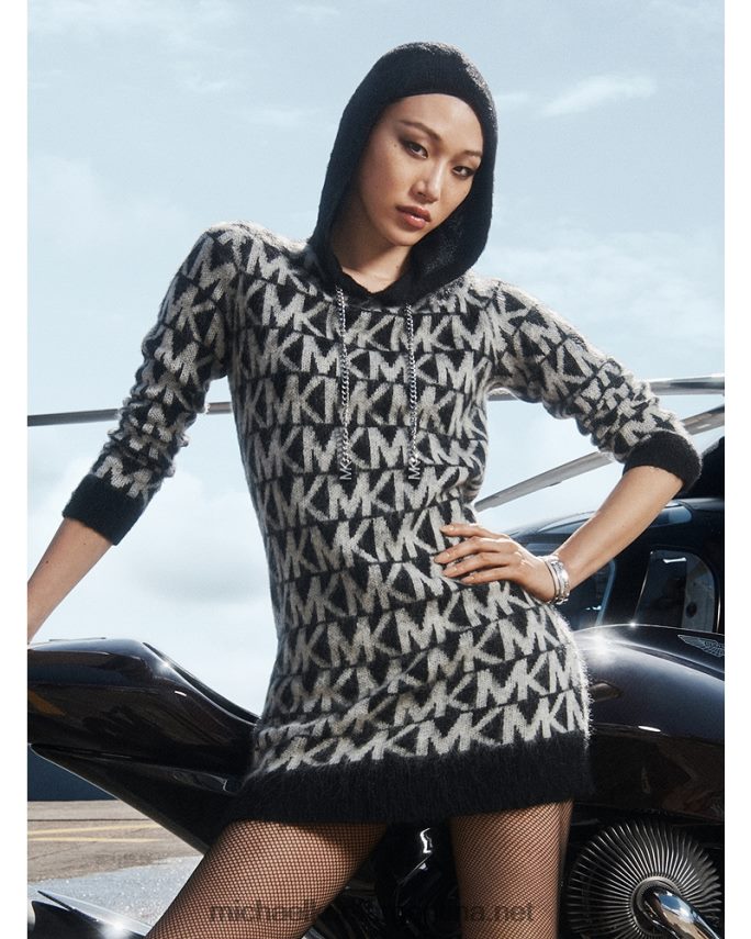 mujer negro/hueso vestido de punto cepillado con capucha y logo Michael Kors T46HB0132