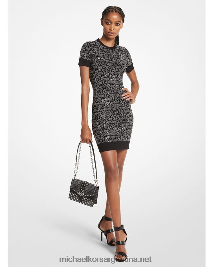 mujer negro/plata vestido corto de viscosa elástica con logo y tachuelas Michael Kors T46HB0130